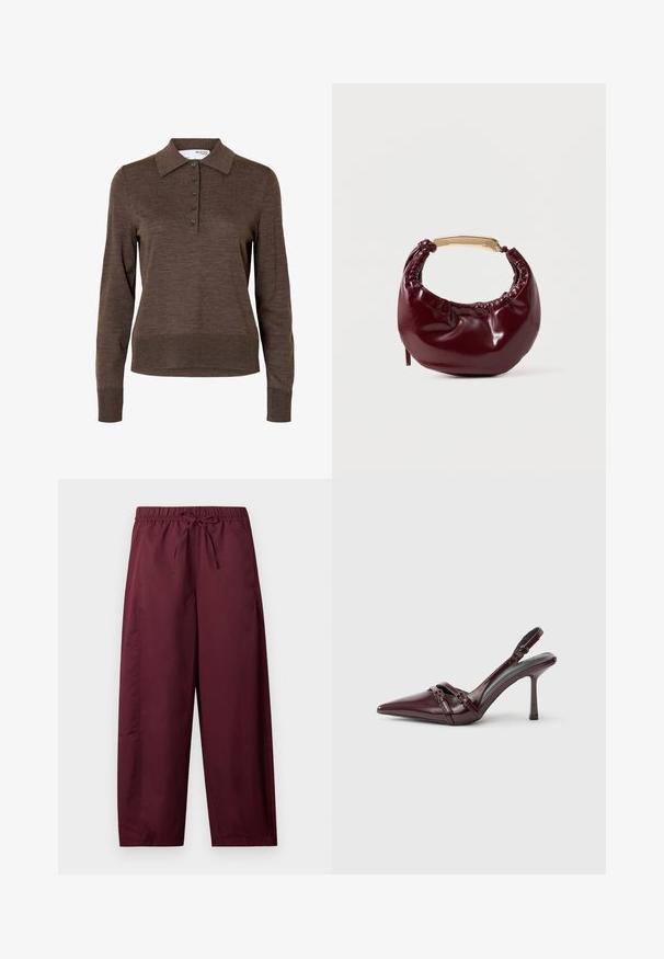 Brun dames poloshirt med lange ærmer, krave og fem knapper foran, lavet af fint strikket stof.; Løse vinrøde bukser med elastisk taljebånd og snøre, lige ben, ingen synlige lommer eller mønstre.; Bourgogne laklæder slingback-hæl med spids tå, tynd ankelrem og lille dekorativ spænde. Glat tekstur og høj hæl.; Bordeaux farvet faux læder handbag med en afrundet form, samling detaljer og et guldtonet metalhåndtag. Glat tekstur og blank finish.