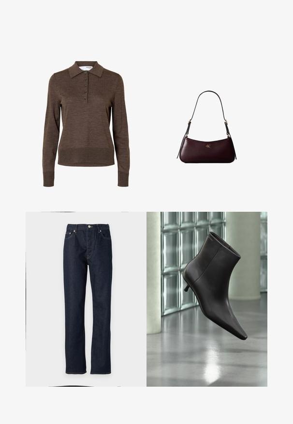 Brun dames poloshirt med lange ærmer, krave og fem knapper foran, lavet af fint strikket stof.; Mørkeblå denimbukser med lige pasform, featuring knap- og lynlåslukning, femlommerdesign og kontrastsyninger.; Sort læderankelstøvle med spids tå og lille hæl vist mod en væg af glasblokke og poleret gulv baggrund.; Mørk bordeaux læderhåndtaske med en tynd sort skulderrem og lille gyldent "cK" logo foran i midten.
