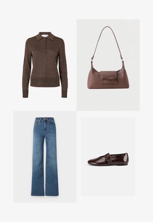 Brun dames poloshirt med lange ærmer, krave og fem knapper foran, lavet af fint strikket stof.; Mellemblå jeans med høj talje, vide ben, forreste lukning med knapper og lynlås og fem-lomme-stil.; Mørkebrun laklædersko med stor guldlås og rund tå, vist i sideprofil på hvid baggrund.; Brun skuldertaske i læder med en frontlomme med klap, der har en sydd sløjfedetalje, og en justerbar rem.