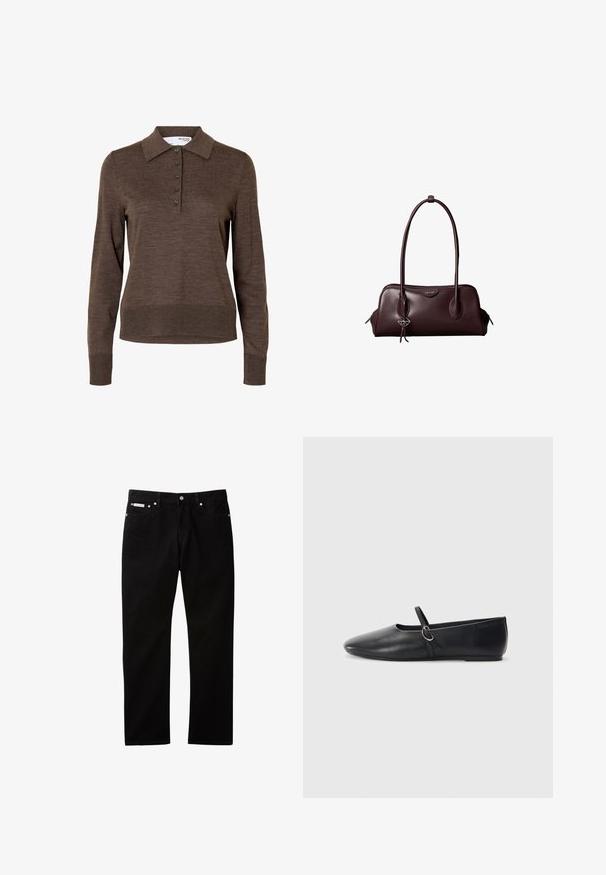 Polo marron à manches longues pour femme avec col et cinq boutons à l'avant, en tissu fin tricoté.; Jean en denim noir à coupe droite, doté d'une fermeture par bouton et zip, de cinq poches, et d'une petite étiquette logo sur la ceinture.; Ballerines noires en cuir avec un bout pointu, une semelle plate et une petite sangle avec un détail de boucle en argent.; Sac à main en cuir brun foncé Calvin Klein avec de longues poignées doubles et un petit porte-clé logo suspendu à une poignée.