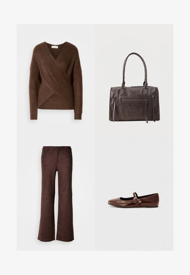 Sweater en tricot brun à enrouler avec un design en V, des manches longues et une texture douillette. Présente un ourlet asymétrique et aucun système de fermeture visible.; Pantalons évasés marron en tissu doux semblable à du daim. Comprend quatre poches, une fermeture à bouton et une surface lisse et texturée.; Ballerine en cuir verni marron avec un bout carré et une lanière ornée d'une petite boucle dorée. Texture lisse, talon bas et design minimaliste.; Sac à main en cuir marron foncé avec double poignée, poche zippée avant et deux détails zippés verticaux sur les côtés, sur fond blanc.