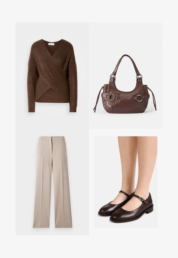 Sweater en tricot brun à enrouler avec un design en V, des manches longues et une texture douillette. Présente un ourlet asymétrique et aucun système de fermeture visible.; Pantalon beige sur mesure à jambes larges avec pli devant, ceinture à passants et fermeture avant dissimulée.; Femme portant des chaussures Mary Jane en cuir marron foncé à petits talons et sangles à boucle réglable, debout sur un fond blanc.; Sac à main en cuir marron de forme arrondie, avec quincaillerie argentée, deux anses latérales et une texture lisse. Dispose d'une seule poignée supérieure.