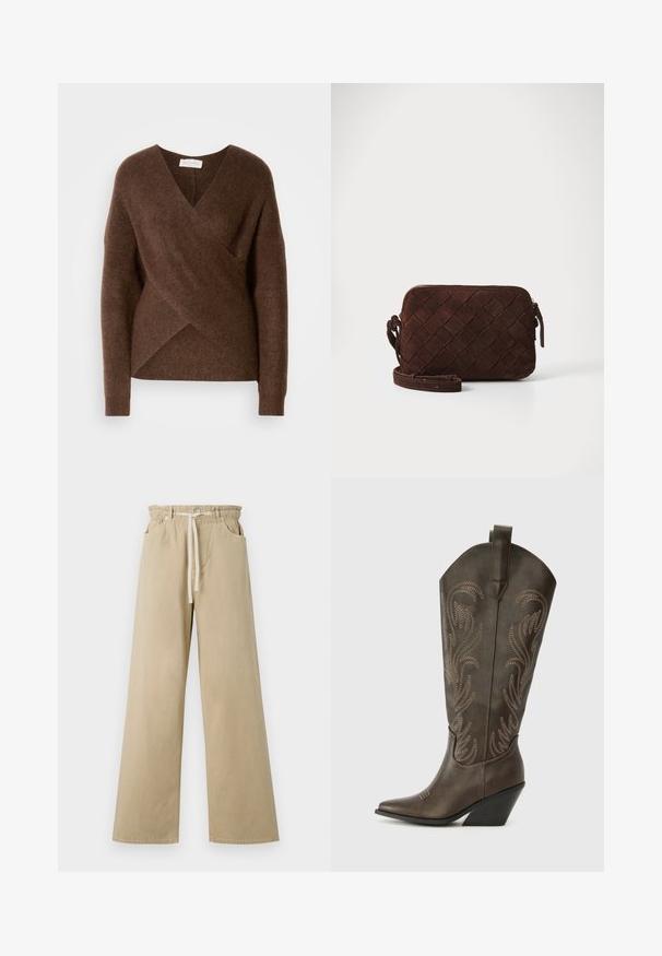 Sweater en tricot brun à enrouler avec un design en V, des manches longues et une texture douillette. Présente un ourlet asymétrique et aucun système de fermeture visible.; Pantalon large beige en coton avec une taille élastiquée et un cordon de serrage. Il possède deux poches latérales et une texture lisse.; Botte de cowboy en cuir marron avec un embout pointu, un talon compensé et des broderies décoratives. Dispose d'un long tige et d'une languette de tirage.; Sac bandoulière en suède marron avec un design tissé, fermeture éclair et une bandoulière réglable. Présente une forme rectangulaire élégante.