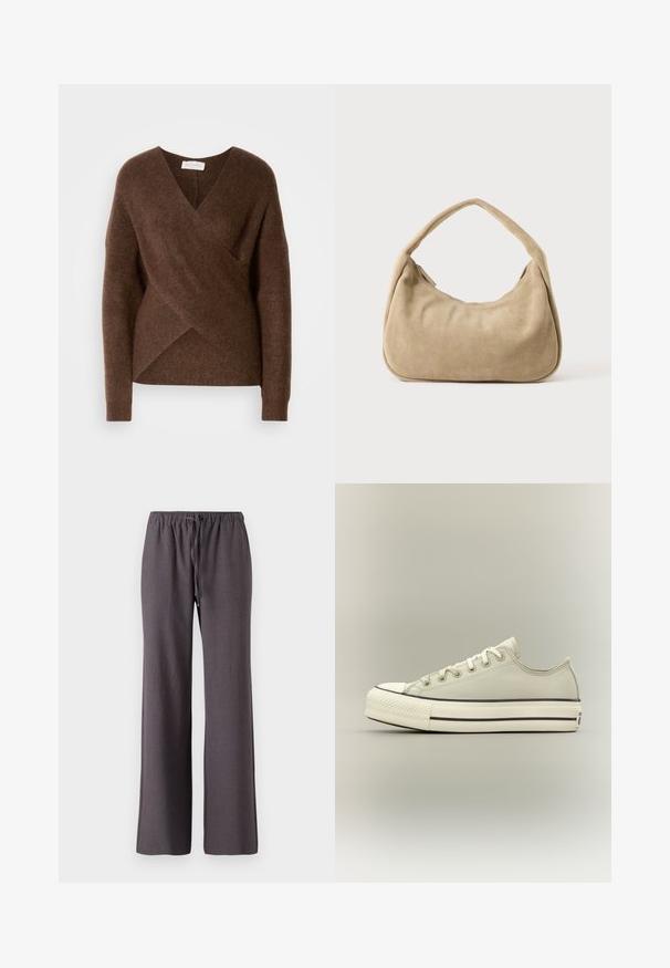 Sweater en tricot brun à enrouler avec un design en V, des manches longues et une texture douillette. Présente un ourlet asymétrique et aucun système de fermeture visible.; Pantalons droits gris foncé avec taille élastique et cordon de serrage à l'avant, présentés sur un fond blanc.; Baskets basses blanc cassé avec lacets à l'avant, semelle épaisse blanche, rayures noires et embout en caoutchouc sur fond gris clair uni.; Petit sac à bandoulière beige en daim avec un design doux et incurvé et une sangle épaisse unique sur un fond uni.