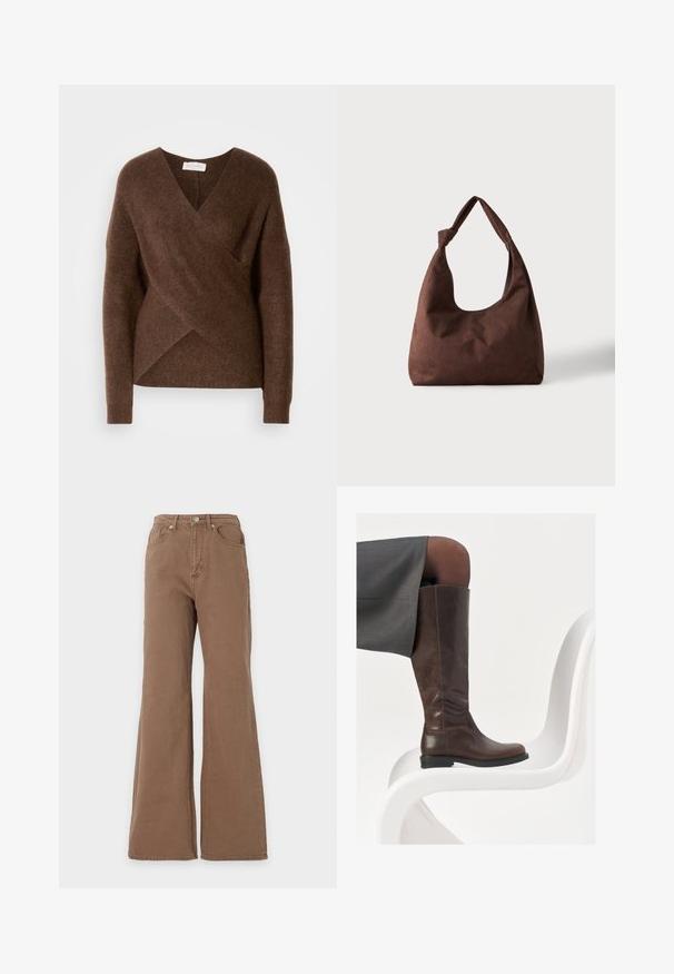 Sweater en tricot brun à enrouler avec un design en V, des manches longues et une texture douillette. Présente un ourlet asymétrique et aucun système de fermeture visible.; Jean marron taille haute avec jambe évasée, fermeture par boutons sur le devant, poches avant et arrière, présenté sur un fond uni.; Botte en cuir marron à hauteur de genou avec un bout arrondi, texture lisse et détails de couture minimalistes, placée sur un fond clair sur une chaise blanche.; Sac à main en tissu marron texturé avec une seule anse nouée, présenté sur un fond clair uni.