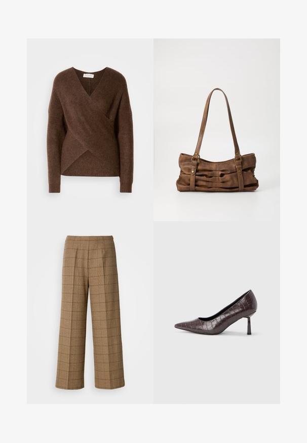 Sweater en tricot brun à enrouler avec un design en V, des manches longues et une texture douillette. Présente un ourlet asymétrique et aucun système de fermeture visible.; Pantalons larges à carreaux marron avec une coupe ajustée, présentant un tissu texturé et des plis avant pour une structure supplémentaire.; Escarpins à bout pointu en similicuir marron avec une texture crocodile, dotés d’un talon fin et angulaire ainsi que d’une doublure intérieure lisse.; Even&Odd Sac à main - brown
