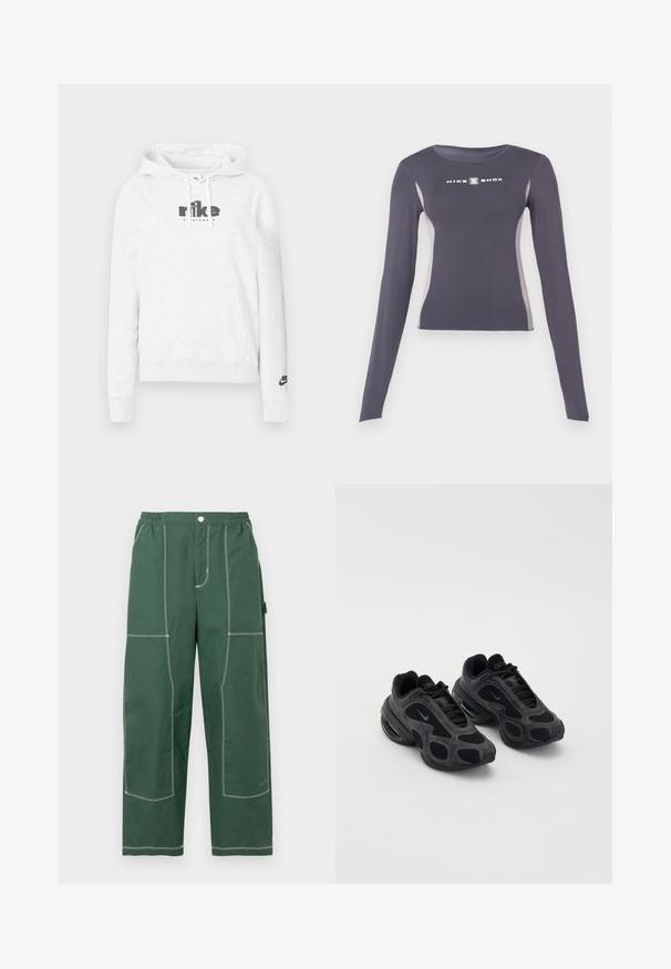 Ανοιχτό γκρι φούτερ με κουκούλα από μαλακό ύφασμα, με μεγάλο μαύρο λογότυπο "nike" στο μπροστινό μέρος και μικρό λογότυπο στο αριστερό μανίκι.; Σκοτεινό γκρι αθλητικό μπλουζάκι με μακριά μανίκια και εφαρμοστή γραμμή, με ανοιχτό γκρι πλαϊνές ρίγες και λευκό λογότυπο "Nike Shox" στο στήθος.; Πράσινο παντελόνι με φαρδιά μπάτζια και ελαστική ζώνη μέσης, με μπροστινό κουμπί, μεγάλο ορατό λευκό ράψιμο και πλαϊνή τσέπη εργαλείων, σε λευκό φόντο.; Μαύρα αθλητικά παπούτσια Nike με πάνελ από δίχτυ και σουέτ, μοναδικές κοπές και μαξιλάρια στον λαιμό. Λαμπερές λεπτομέρειες στις πλευρές τονίζουν έναν σύγχρονο σχεδιασμό.