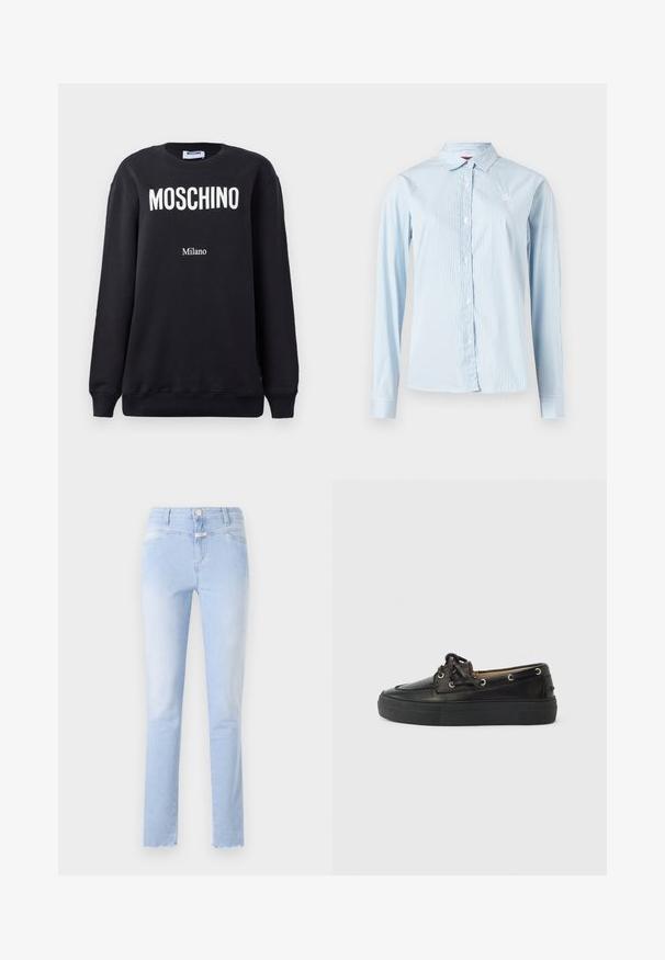 Zwarte sweatshirt met een ronde hals voorzien van witte "MOSCHINO" tekst en "Milano" eronder gedrukt in kleinere letters. Zachte katoenkwaliteit.; Lichtblauw overhemd met lange mouwen en verticale witte strepen, knoopsluiting aan de voorkant, puntkraag en klein logo op de borst.; Lichtblauwe spijkerbroek met een rechte snit, met een verweerde wasbehandeling, vijf-pocket ontwerp, lichte rafeling aan de zoom en een sluiting met een knoop aan de voorkant.; Zwarte leren bootschoen met ronde neus, platte rubberen zool en metalen oogjes. Voorzien van veters op het bovenwerk voor een stevige pasvorm.