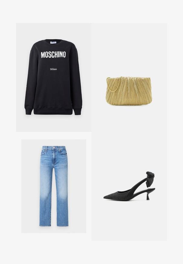 Schwarzer Sweatshirt mit Rundhalsausschnitt, auf dem der weiße Schriftzug "MOSCHINO" und darunter in kleinerer Schrift "Milano" gedruckt sind. Weiches Baumwollmaterial.; Hoch taillierte, gerade geschnittene blaue Denim-Jeans mit Vordertaschen, Gürtelschlaufen, Knopf und ausgewaschenen Details an Oberschenkeln und Knien.; Schwarzer Slingback-Kitten-Heel mit spitzer Spitze, strukturiertem Stoff und einem geknoteten Detail am Fersenriemen.; Loeffler Randall BRIT PLEATED FLAT - Clutch - gold-coloured