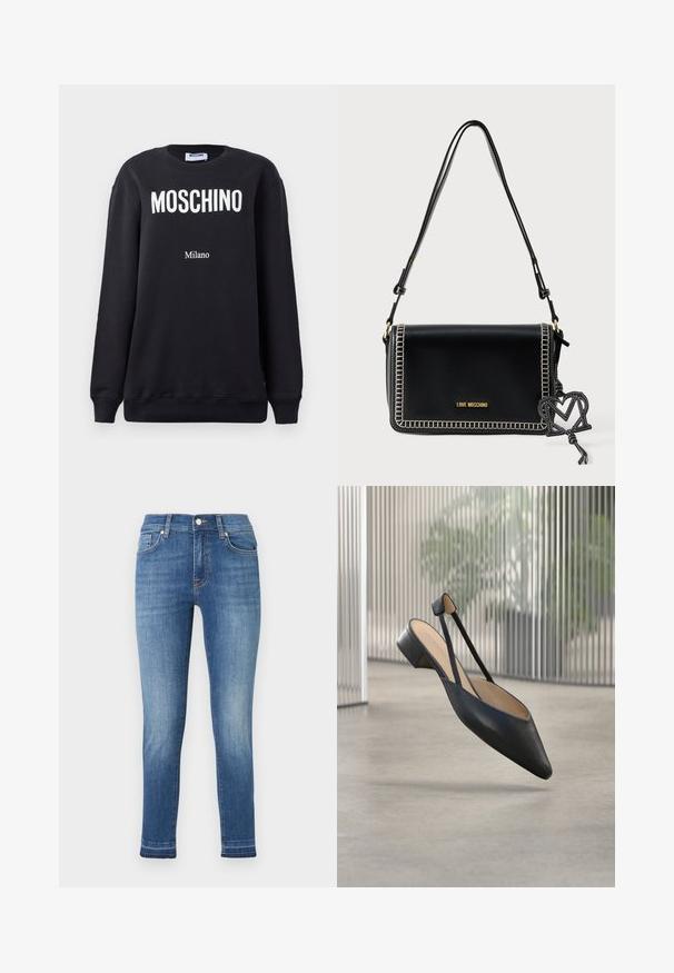 Sweatshirt noir avec un col rond arborant le texte « MOSCHINO » en blanc et « Milano » imprimé en dessous dans une police plus petite. Matière en coton douce.; Jean bleu slim avec légère décoloration sur l'avant des cuisses, design à cinq poches et fermeture à bouton sur la ceinture.; Chaussure plate en cuir noir à bride arrière, bout pointu et petit talon carré, flottant au-dessus d'un sol en béton à l'intérieur.; Sac à main en cuir noir de forme rectangulaire, avec des coutures blanches et un logo doré. Comprend un charm amovible en forme de "M".