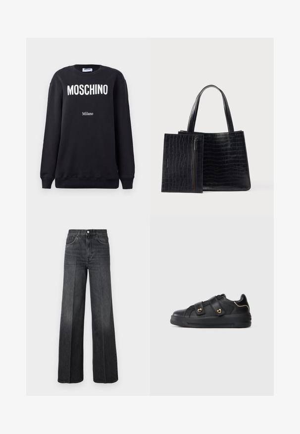 Sweatshirt noir avec un col rond arborant le texte « MOSCHINO » en blanc et « Milano » imprimé en dessous dans une police plus petite. Matière en coton douce.; Jean large en denim gris foncé, avec une taille haute, passants de ceinture et un design classique à cinq poches. Décoloration subtile à l'avant.; Baskets en simili cuir noir végan avec deux bandes Velcro et des accents en forme de cœur doré. Dotées d'une semelle en caoutchouc épaisse et d'un design minimaliste.; Sac cabas noir avec motif crocodile, présentant une texture lisse et deux poignées robustes. Comprend une pochette zippée détachable.