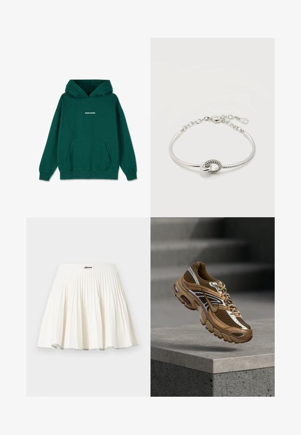 Groene hoodie met een buidelzak, trekkoordkap, geribbelde boorden en onderkant, met het "PEGADOR" logo in het wit op de voorkant.; Witte geplooide tennisrok met een brede tailleband voorzien van een klein ellesse-logo aan de voorkant in het midden.; Bruine en beige Nike-sneaker met mesh en reflecterende details die boven een betonnen richel zweeft tegen een wazige grijze achtergrond.; Delicaat zilveren armband met een centraal knoopontwerp, half bezet met kleine kristallen, en een verstelbare kettingsluiting.