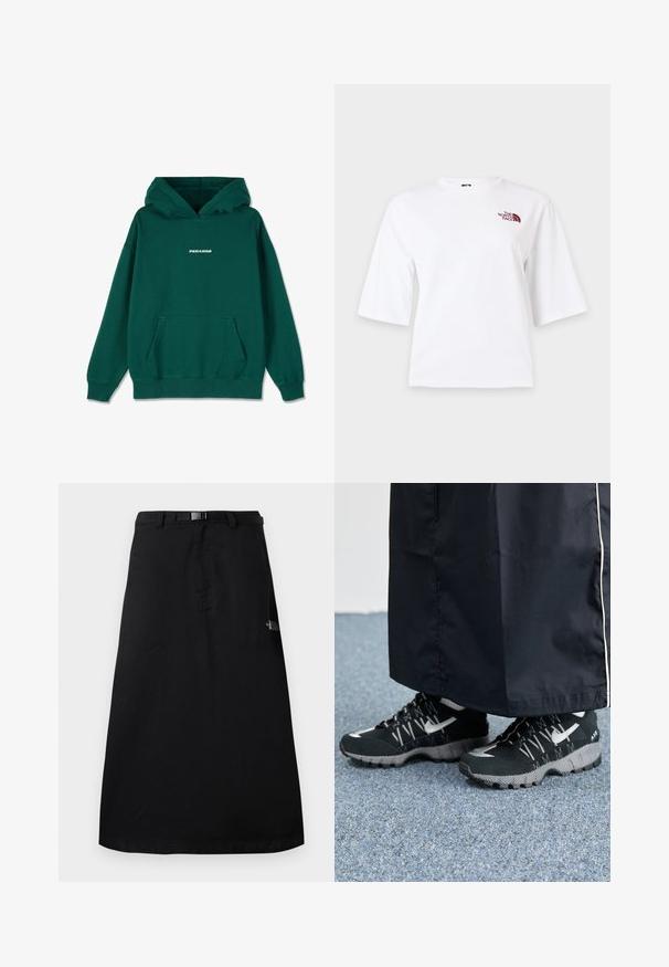 Grøn hoodie med kængurulomme, snøre ved hætten, ribbede manchetter og kant, med "PEGADOR" logo i hvidt i midten på forsiden.; Hvid T-shirt med korte ærmer, rund hals og lille vinrødt logo på øverste venstre bryst.; Sort midi-nederdel med justerbart taljebælte og The North Face-logo på højre side.; Sorte sportsko med en struktureret overdel, sølvdetaljer og en mønstret ydersål, parret med et langt sort plagg. Sat mod blå tæpper.