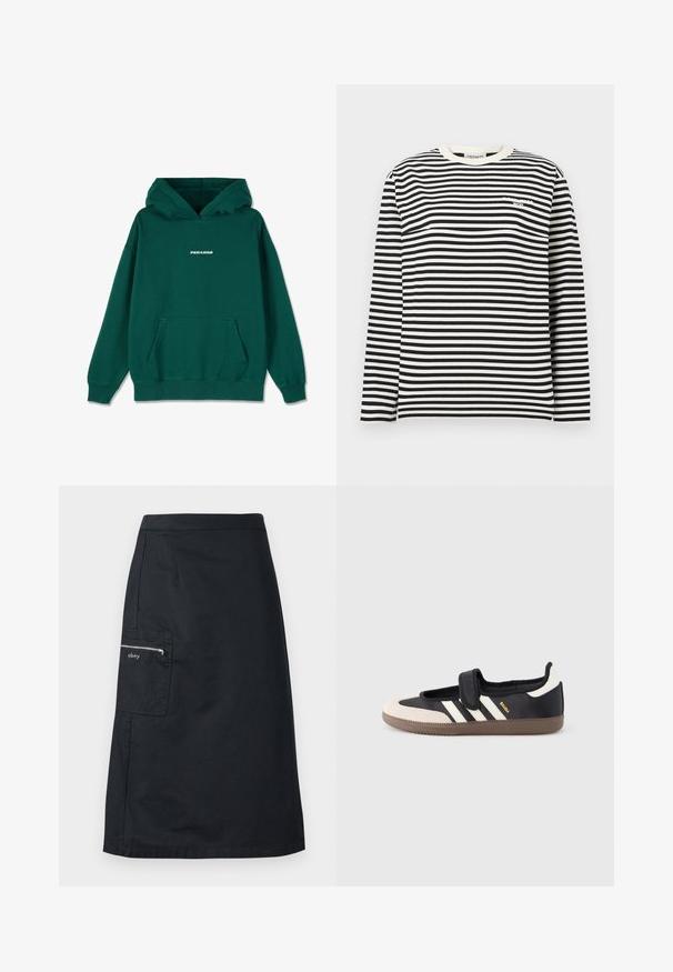 Grøn hoodie med kængurulomme, snøre ved hætten, ribbede manchetter og kant, med "PEGADOR" logo i hvidt i midten på forsiden.; Langærmet sort og hvid trøje med vandrette striber, rund hals og lille hvidt logo på øverste venstre bryst.; Sort knælang nederdel med sidelomme med lynlås, der har "obey"-logo på en ensfarvet baggrund.; Sort og beige sko med velcrolukning, tre hvide striber på siden og en tekstureret brun gummisål. Mærkelogo er synligt.