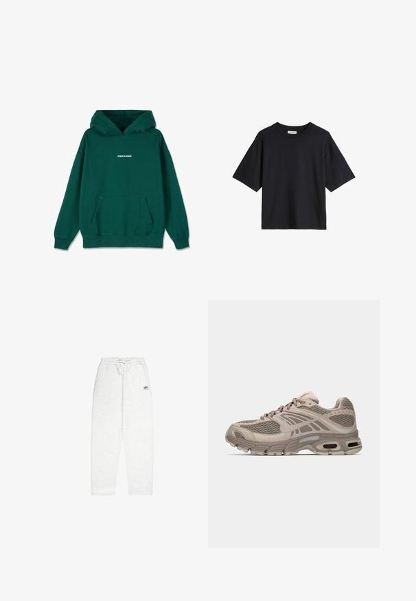 Groene hoodie met een buidelzak, trekkoordkap, geribbelde boorden en onderkant, met het "PEGADOR" logo in het wit op de voorkant.; Zwarte T-shirt met korte mouwen en ronde hals, losse pasvorm, afgebeeld tegen een witte achtergrond.; Lichtgrijze sweatpants van zachte stof, met een elastische tailleband met koord, zijzakken en een klein logo op de voorkant.; Beige sportschoen met bovenwerk van mesh, gevormde accenten, ronde neus en zichtbare luchtkussens in de zool. Veters in een neutrale tint.