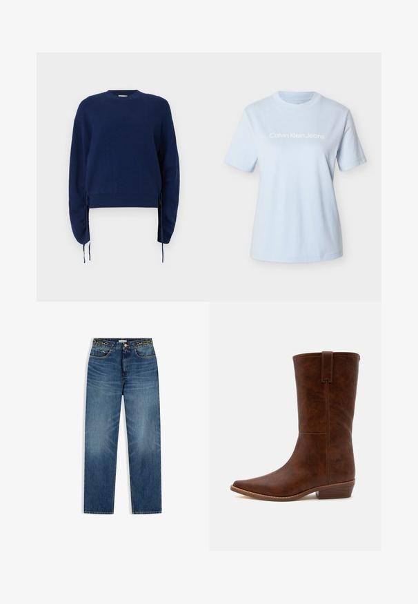 Marineblauwe gebreide trui met een geribbelde textuur, ronde halslijn en lange mouwen. Heeft verstelbare zijknoopjes en een cropped lengte.; Lichtblauw katoenen T-shirt met korte mouwen en een ronde hals, met het 'Calvin Klein Jeans' logo duidelijk zichtbaar in het wit.; Blauwe recht gesneden spijkerbroek met voorzakken, een knoop- en ritssluiting, en een leren patch op de tailleband.; Halve kuitlange bruine leren cowboylaars met vierkante neus, zijriem en lage gestapelde houten hak op een witte achtergrond.