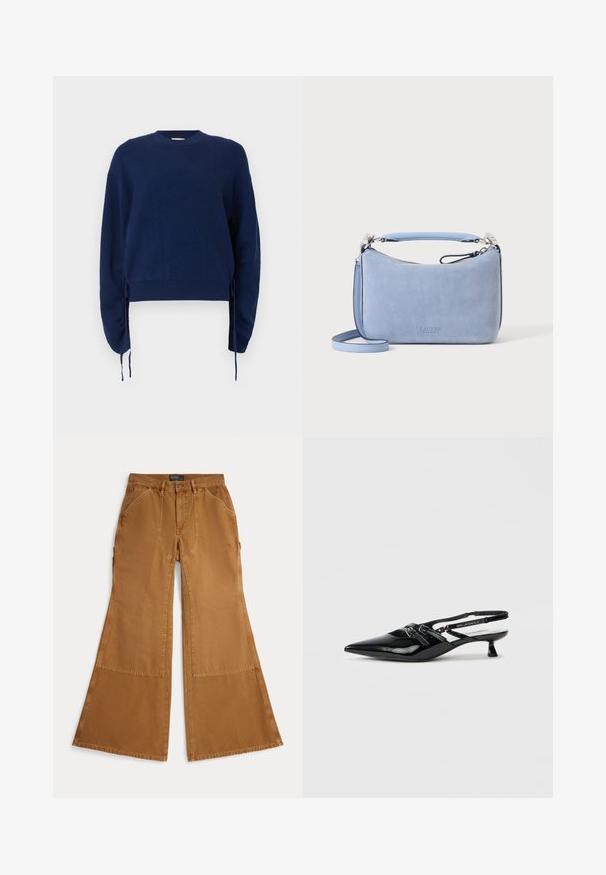 Pull en tricot bleu marine avec une texture côtelée, col rond et manches longues. Présente des liens latéraux ajustables et une longueur cropped.; Pantalon marron à jambes larges en coton avec détails en patch, fermeture à boutons et poches avant inclinées. Texture lisse, design décontracté.; Chaussure slingback en cuir verni noir avec bout pointu, petit talon carré et bride ajustable ornée de détails découpés et d'accents logo.; Petit sac à main en daim bleu doux avec poignée supérieure et bandoulière amovible sur fond blanc uni.