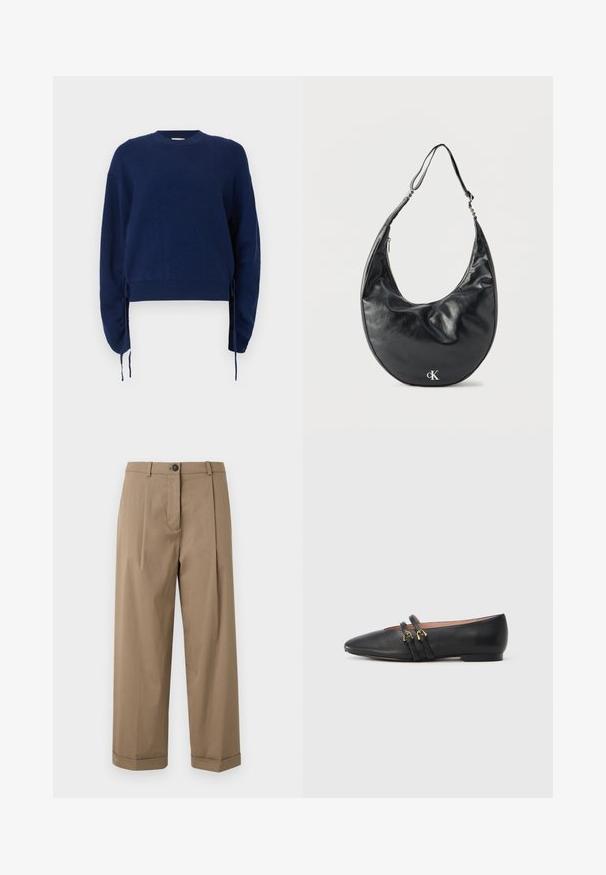Pull en tricot bleu marine avec une texture côtelée, col rond et manches longues. Présente des liens latéraux ajustables et une longueur cropped.; Pantalons marron à jambes larges avec un devant plat et des pinces, une fermeture à bouton et des poignets retroussés, fabriqués en tissu lisse.; Chaussures plates en cuir noir avec un bout pointu, dotées de deux brides noires avec des accents en métal doré. Texture lisse et talon bas.; Sac d'épaule en cuir noir en forme de croissant avec une sangle ajustable et un logo argenté « cK » à l'avant, sur fond blanc.