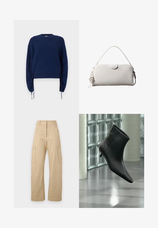 Navyblauer Strickpullover mit gerippter Textur, Rundhalsausschnitt und langen Ärmeln. Verfügt über verstellbare seitliche Bindebänder und cropped Länge.; Beige Cargo-Shorts aus Baumwolle, mit hoher Taille, weitem Bein, zwei Seitentaschen und zwei großen Cargo-Taschen auf den Oberschenkeln.; Schwarzer Leder-Stiefelette mit spitzer Zehenpartie und niedrigem Kitten-Heel, schräg dargestellt vor einem polierten Boden und einer Glasbausteinwand.; Weiße rechteckige Calvin Klein Handtasche mit einem einzelnen Henkel, minimalistischem Design und dekorativen Quasten mit geometrischem Metallanhänger an der Seite.