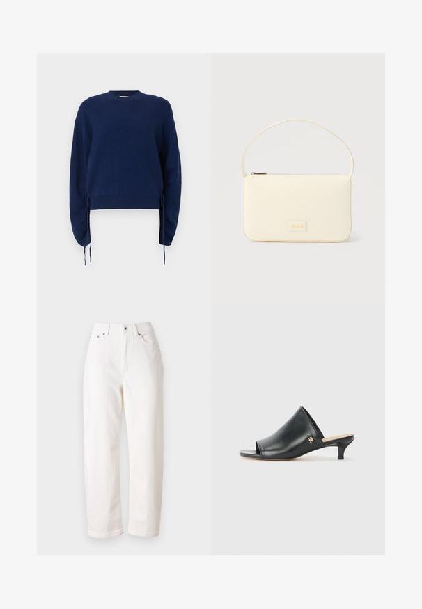 Pull en tricot bleu marine avec une texture côtelée, col rond et manches longues. Présente des liens latéraux ajustables et une longueur cropped.; Jean en denim blanc avec une coupe droite, taille haute, fermeture éclair et bouton métallique. Comprend cinq poches et une couture discrète.; Mules ouverts en cuir noir avec un talon bas. Présentent une surface lisse et un accent logo doré sur le côté.; Sac à main rectangulaire de couleur crème avec une seule sangle et une fermeture éclair sur le dessus, comportant une petite plaque de logo embossé à l'avant.
