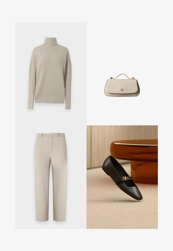 Lys beige turtleneck sweater, lavet af blødt strikmateriale, har en afslappet pasform med lange ærmer og høj krave. Ingen synlige mønstre.; Beige cropped bukser, skræddersyet design, flad foran med skjult lynlås, to sidelommer, lavet af glat bomuldsblandet stof.; Sort læder flad sko med spids tå og gyldent CK-logo på rem, placeret på beige tæppe nær et rundt ravbrunt bord.; Lille beige læderhåndtaske med top håndtag og sølv CK-logo på frontklap, vist mod en hvid baggrund.
