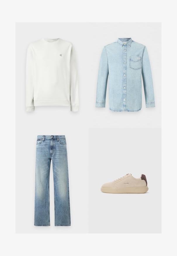 Sweatshirt gris clair à col rond en tissu lisse, avec des poignets et un ourlet côtelés, arborant un petit logo brodé sur la poitrine.; Chemise en denim bleu clair à manches longues, fermeture boutonnée devant, une poche poitrine simple avec le logo Calvin Klein, et un col pointu.; Jean droit en denim bleu clair avec taille haute, cinq poches, fermeture à boutons et léger délavage sur les cuisses et les genoux.; Baskets en daim beige avec un bout rond, lacets à l'avant et un accent en daim marron sur le talon. Dotées d'une semelle en caoutchouc texturé.