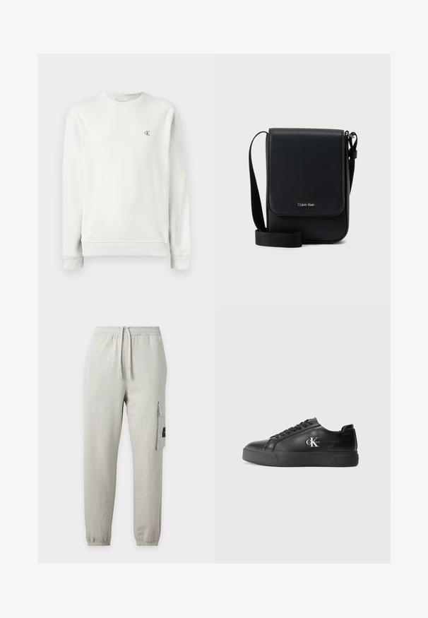 Sweatshirt gris clair à col rond en tissu lisse, avec des poignets et un ourlet côtelés, arborant un petit logo brodé sur la poitrine.; Pantalon de jogging gris clair avec taille et poignets élastiques, cordon à l'avant, et une poche cargo latérale avec rabat et petite étiquette noire.; Baskets en cuir noir avec un bout arrondi, semelle plate noire et lacets ton sur ton. Présente un logo argenté sur le côté, texture lisse sur l'ensemble.; Sacoche Calvin Klein noire avec rabat, bandoulière ajustable et petit logo doré à l'avant, sur fond blanc uni.