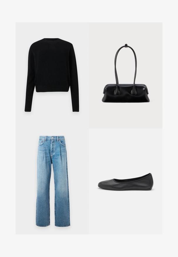 Zwarte cropped trui van breiwerk. Heeft een ronde hals en ribbels aan de mouwen en onderkant. Eenvoudig, klassiek ontwerp zonder patronen of versieringen.; Lichtblauwe high-waist rechte jeans met voorplooien, vijf zakken, knoopsluiting en zichtbare stiksels op een witte achtergrond.; Zwarte leren ballerina met een ronde neus, gladde textuur, minimale stikdetails en een flexibele zoolontwerp.; Zwarte leren handtas met twee lange handvatten, een gladde textuur en een ronde bodem met decoratieve accenten aan de zijkanten.