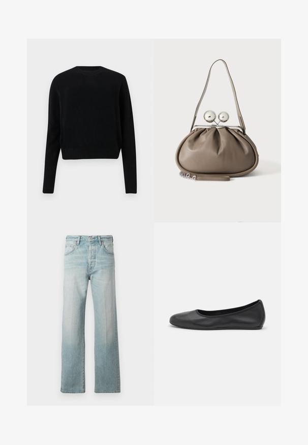 Mustra musta lühike sviiter, mis on valmistatud kudumisest. Omab ümmargust kaelaava ja ribatud käe- ning alumist äärt. Lihtne, klassikaline disain ilma mustrite ja kaunistusteta.; Heledad denim teksad, otse jalgadega kujundusega, kõrge vöökoht, eesmine taskud ja pleekinud tekstuur. Lõpetatud peene tikandiga vöökohaga.; Musthave mustika tantsutossud mustast nahast, ümmarguse varbaga, siledast tekstuurist, minimaalse õmblusdetailiga ja paindliku tallakujundusega.; Hall nahast käekott ümarate vormidega, pealmise kinnitusdetailiga, millel on kaks suurt hõbedast palli ja üks rihm.