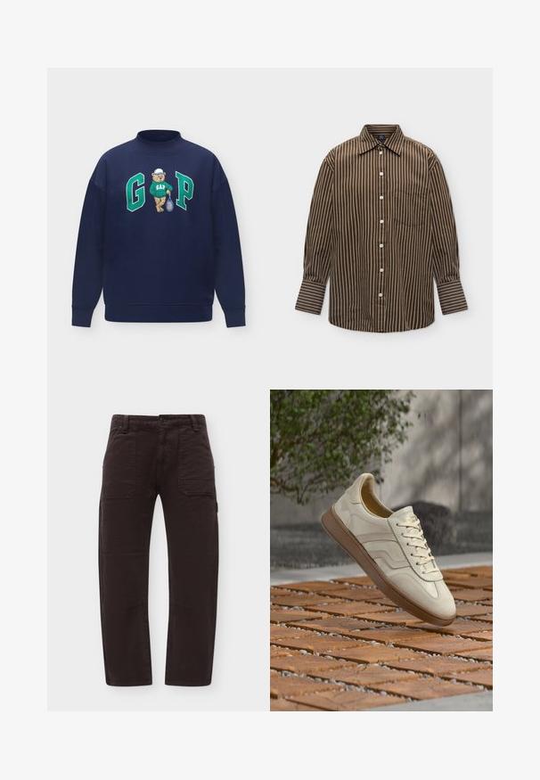 Sweat-shirt bleu marine avec un ours portant un sweat-shirt GAP vert et une casquette blanche tenant une raquette de tennis entre les grandes lettres vertes G et P.; Chemise marron à manches longues boutonnée avec des rayures verticales blanches et une poche avant sur fond blanc.; Pantalon marron foncé à jambe droite avec poches plaquées à l'avant, passants pour ceinture et fermeture par bouton à la taille.; Baskets couleur crème avec une semelle extérieure en caoutchouc beige texturée, un design à lacets et un marquage subtil sur le côté. Tige en cuir lisse.