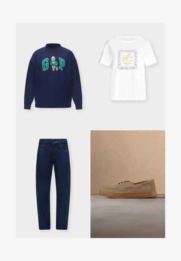 Sweat-shirt bleu marine avec un ours portant un sweat-shirt GAP vert et une casquette blanche tenant une raquette de tennis entre les grandes lettres vertes G et P.; T-shirt blanc à manches courtes avec un design carré de branche de citron encadré par des motifs feuillus bleus et le texte "dolce far niente" au centre.; Jean droit en denim bleu foncé avec poches avant, passants de ceinture, fermeture par bouton et zip.; Chaussure décontractée en daim beige avec semelle et lacets couleur tan, posée sur un tapis beige texturé devant une table basse en bois avec des livres empilés.