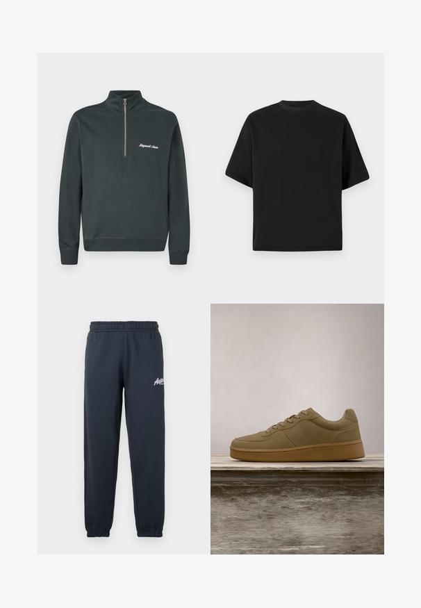 Mørkegrå sweatshirt med høj krave og halv lynlås. Har hvid broderet tekst, der står "Originals Studio" på venstre bryst.; Sort T-shirt med kortærmer i løs pasform, lavet af glat bomuld, med rund halsudskæring og minimalistisk design.; Mørkegrå sweatpants med elastisk talje, indsnørede ben og et hvidt logo trykt på venstre lår. Blødt bomuldsblandingsmateriale.; Olivengrøn sneaker med snørebånd, der svæver over en træbænk, med sløret grønt løv i baggrunden.