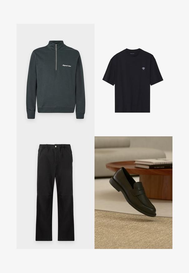 Mørkegrå sweatshirt med høj krave og halv lynlås. Har hvid broderet tekst, der står "Originals Studio" på venstre bryst.; Sort bomulds t-shirt med korte ærmer, rund hals og lille hvid UFO-grafik på venstre bryst. Glat tekstur og afslappet pasform.; Sorte bukser lavet af bomuld med elastisk talje, med et lige ben-design, glat tekstur og uden synlige detaljer eller mønstre.; Sort læderloafer vist i luften over en beige vævet tæppe, med et træbord og stablede bøger i et blødt oplyst stue.