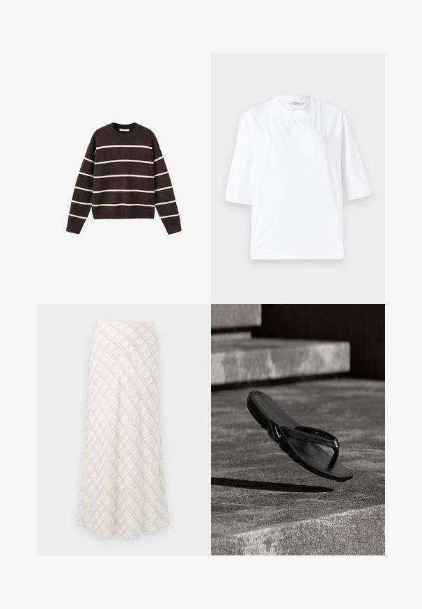 Brun sweater med hvide vandrette striber, rund halsudskæring, lange ærmer og ribbede manchetter og kant, lavet af strikket stof.; Hvid kortærmet t-shirt lavet af blød bomuld. Har en rund halsudskæring og en løs, afslappet pasform. Ingen synlige mønstre eller accenter.; Lang, cremefarvet nederdel med et diagonalt ternet mønster i grå. Strømmende design med en glat tekstur, der flares ud mod kanten.; Sort Nike-flip-flop-sandal svævende over tekstureret betonbund med trapper i baggrunden, vist fra siden og ovenfra.