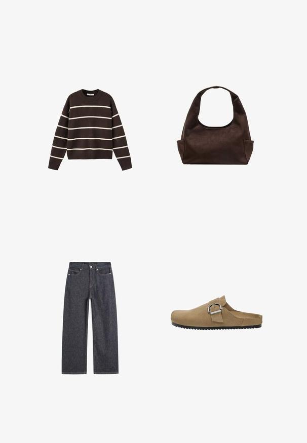 Brun sweater med hvide vandrette striber, rund halsudskæring, lange ærmer og ribbede manchetter og kant, lavet af strikket stof.; Mørkeblå straight-leg cowboybukser med frontknap og nittetaljer, femlomme-design og synlige syninger.; Brune ruskind slip-on klogs med en justerbar metalspænde, tekstureret overdækning, rund tå og en ribbet sort gummisål.; Brun ruskind håndtaske med et bredt, blødt håndtag og rund form. Har to sidelommer og en glat overflade uden synlige hardware.