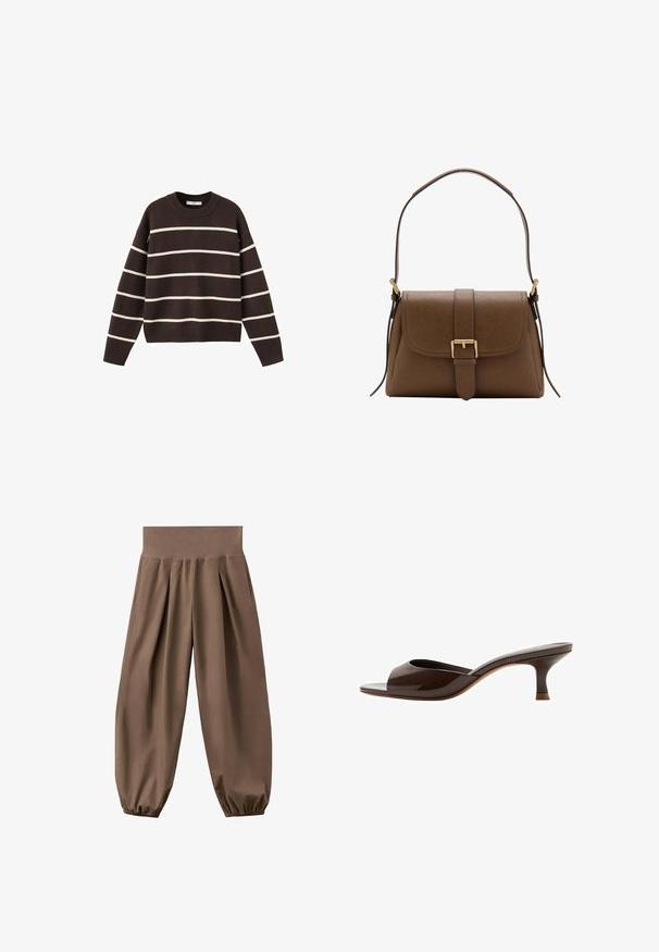 Pull marron avec des rayures horizontales blanches, encolure ronde, manches longues, et poignets et ourlet côtelés, fabriqué en tissu tricoté.; Pantalon ample marron taille haute avec poignets élastiques froncés et plis avant, présenté sur un fond blanc.; Mule marron à bout ouvert avec petit talon bas en forme de kitten et finition brillante, vue de profil sur fond blanc.; Sac à bandoulière en cuir marron avec rabat avant et boucle dorée, disposant d'une bandoulière réglable avec ferrures dorées sur fond blanc.