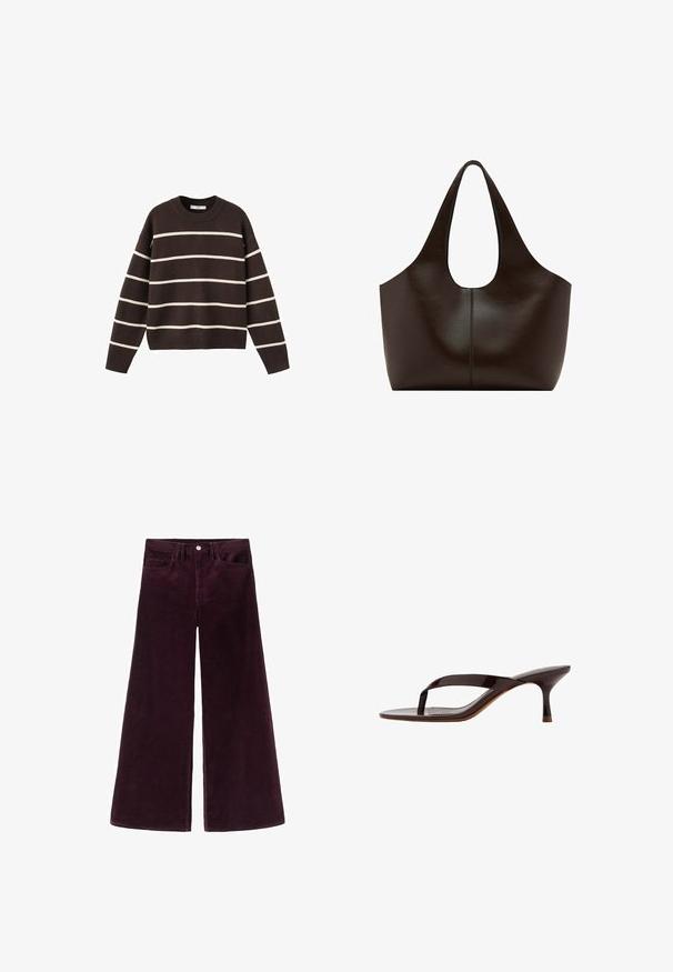 Brun sweater med hvide vandrette striber, rund halsudskæring, lange ærmer og ribbede manchetter og kant, lavet af strikket stof.; Vide ben corduroy bukser i dyb burgunder, med høj talje, knaplukning og klassisk fem-lomme design med ribbet tekstur.; Sort laklæder sandal med tårem og en slank mellemhøj kittenhæl, vist fra siden på en hvid baggrund.; Mørkebrun lædertaske med brede skulderremme og en afrundet topåbning, simpelt design med centralt sømdetalje.
