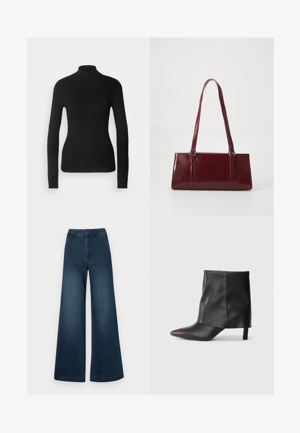 Sort turtleneck sweater lavet af let strikket stof. Har lange ærmer, et tætsiddende design og en blød ribbet tekstur.; Mørkeblå høj talje brede ben denim jeans med forlommer og bæltestropper på en hvid baggrund.; Sort ankelstøvle lavet af glat læder med spids tå og tilspidset hæl. Overdelen har et let rynket design.; Bordeaux håndtaske lavet af glansfuldt materiale, rektangulær form, med to skulderremme og subtile buede detaljer på forsiden.