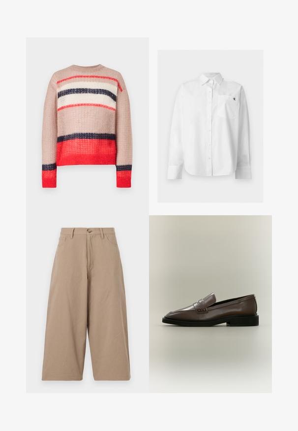Striktrøje med løs pasform i striber i rød, marineblå, creme og beige. Struktureret stof med ribbet halsudskæring og kant.; Hvid langærmet skjorte med knapper, spids krave og forlomme med lille sort "CK" logo på venstre bryst.; Kaki breddeben bukser lavet af bomuld, med høj talje, forlommer og en enkelt knaplukning. Glat tekstur og lige snit.; Brun læderslip-on loafer med sort sål og lav hæl, med en remdetalje over vristen.