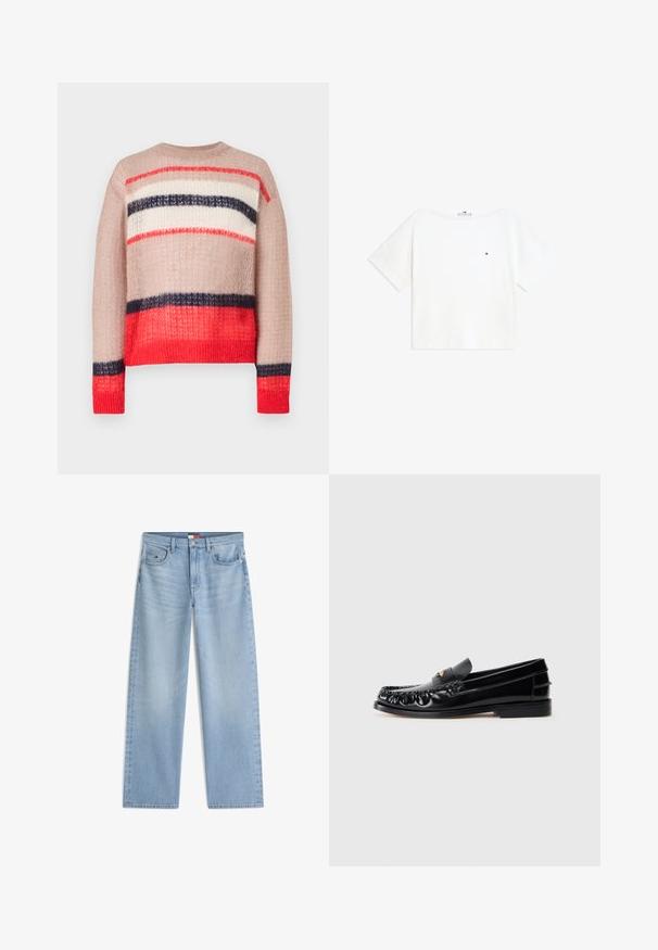Pletený sveter s voľným strihom a pruhmi v červenej, námorníckej, krémovej a béžovej farbe. Textúrovaná látka s rebrovaným výstrihom a lemom.; Biele tričko s krátkym rukávom a okrúhlym výstrihom s malým červeno-bielo-modrým logom na ľavej strane hrude a preloženými manžetami na rukávoch.; Svetlomodré rifle s rovnými nohavicami, prednými vreckami, pútkami na opasok a zapínaním na gombík a zips.; Čierne kožené loafers so zaoblenou špičkou, dekoratívnym prešívaním a malým zlatým akcentom na priehlavku. Plná gumená podrážka, elegantný dizajn.