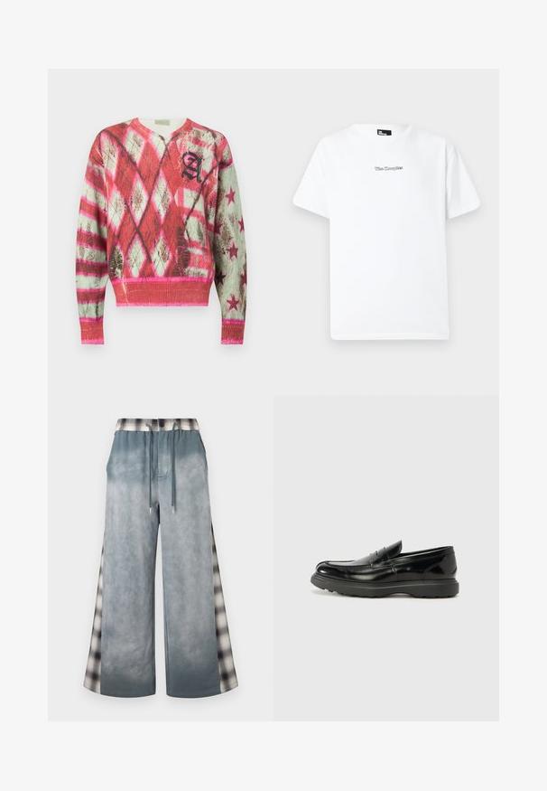 Pull manches longues col en V avec motifs en losanges et étoiles rouges, roses et blancs, avec un « A » stylisé noir sur la poitrine.; T-shirt blanc manches courtes col rond avec logo texte "The Kooples" brodé en petit lettrage noir centré sur la poitrine.; Pantalon gris à jambes larges avec taille à cordon et panneaux latéraux à motif à carreaux, combinant des éléments de design à la fois décontractés et élégants.; Mocassin en cuir noir avec une finition brillante, bout arrondi, détails de couture subtils et semelle en caoutchouc épaisse pour la durabilité.