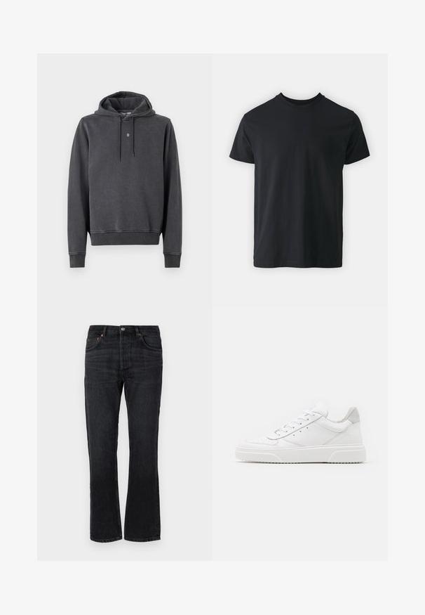 Hoodie in dondergrijs, gemaakt van een zachte katoenmix. Beschikt over een kangoeroezak, geribbelde manchetten en een klein logo op de borst.; Zwart katoenen T-shirt met korte mouwen, ronde hals en een relaxte pasvorm. Glad textuur en rechte zoom, geen zichtbare graphics of patronen.; Zwarte denim jeans met een rechte pijp, vijf zakken en oranje stiksels. Glad textuur en minimale vervaging details.; Witte leren sneakers met een gladde afwerking, ronde neus, platte veters en een gestructureerde zool. Grijze suède accent bij de hiel.