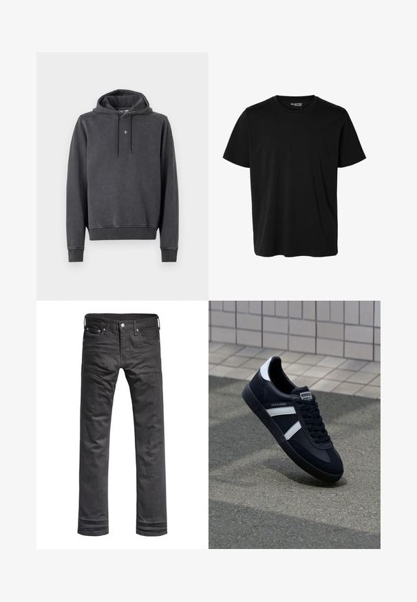 Sweat à capuche gris foncé, fabriqué en mélange de coton doux. Il présente une poche kangourou, des poignets côtes et un petit logo sur la poitrine.; T-shirt noir uni à manches courtes et col rond pour homme, sans motifs ni logos visibles à l’avant.; Jeans en denim noir avec un design classique à jambes droites. Comprend des poches avant, une fermeture à bouton et des détails de couture subtils.; Sneaker en cuir noir avec des rayures blanches, semelle en caoutchouc texturée et devant à lacets. Présente une étiquette de marque sur la languette.