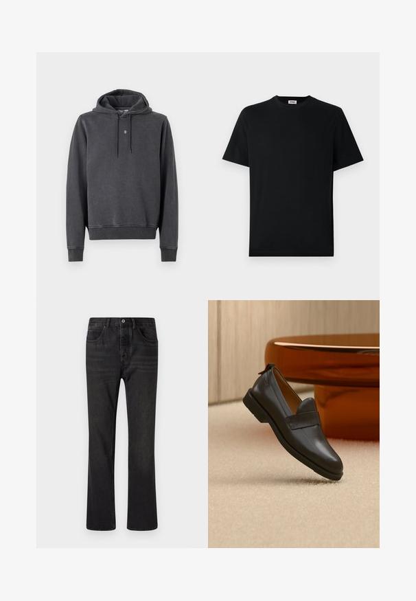 Sweat à capuche gris foncé, fabriqué en mélange de coton doux. Il présente une poche kangourou, des poignets côtes et un petit logo sur la poitrine.; T-shirt noir uni à manches courtes et col rond, exposé à plat sur un fond blanc, avec une petite étiquette de marque à l'intérieur du col.; Jeans en denim noir avec une coupe droite, cinq poches et une fermeture à bouton à l'avant. Surface texturée avec des détails de décoloration subtils.; Mocassin en cuir noir à talon bas flottant au-dessus d'un tapis beige, à côté d'une table brillante couleur ambre dans une pièce minimaliste.