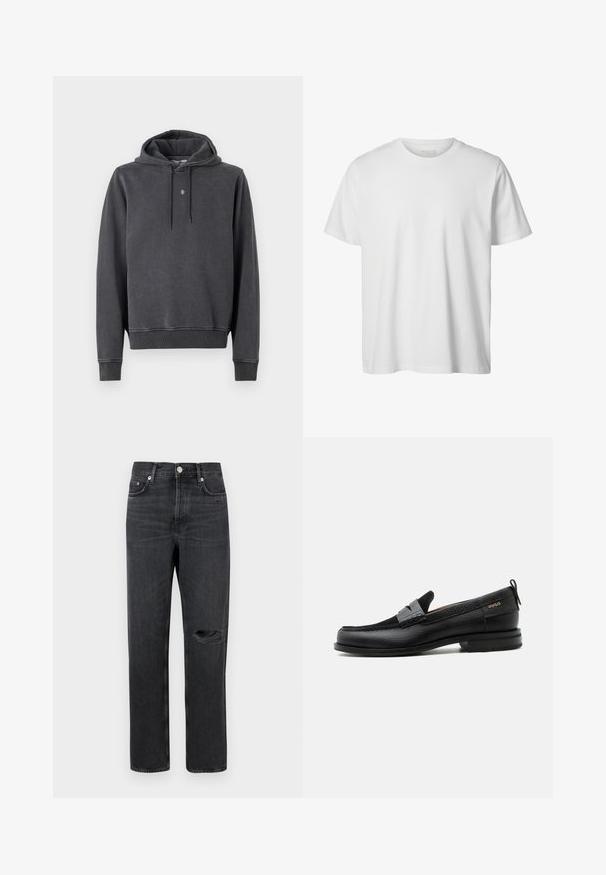 Hoodie in dondergrijs, gemaakt van een zachte katoenmix. Beschikt over een kangoeroezak, geribbelde manchetten en een klein logo op de borst.; Eenvoudig wit T-shirt met korte mouwen en ronde hals, losse pasvorm en zonder zichtbare logo's of ontwerpen aan de voorkant.; Zwarte denim jeans met een rechte pijp, voorzien van een gescheurde knie, vijf zakken en metalen hardware bij de taille en zakken.; Zwarte leren loafer met grijs riemdetailelement, lage hak en gestructureerde zool, aan de zijkant gebrandmerkt met "HUGO" in goud.
