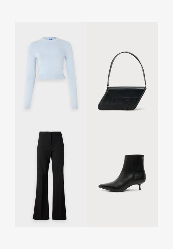 Lyseblå cropped sweater med lange ærmer. Har en ribbet halsudskæring og kant, med et subtilt tekstureret logo på tværs af forsiden.; Sorte svingbukser lavet af et glat stof, med højtaljet talje, forreste folder og en ren finish ved sømmene.; Sort læder ankelstøvle med spids tå og lav kitten hæl på lys baggrund, der viser yderside.; Sort skuldertaske i læder med trekantet form, præget logo og en enkelt justerbar rem. Minimalistisk design med glat tekstur.