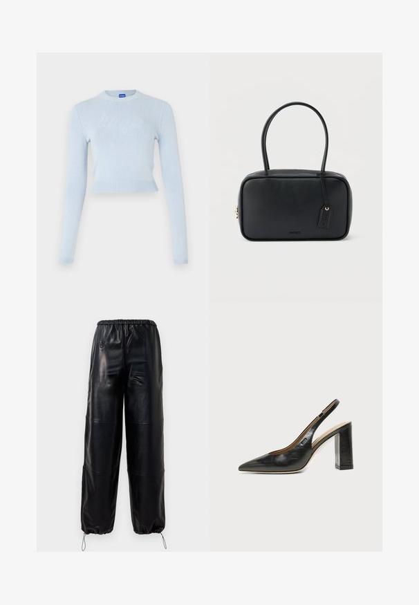 Lyseblå cropped sweater med lange ærmer. Har en ribbet halsudskæring og kant, med et subtilt tekstureret logo på tværs af forsiden.; Sorte faux læder bukser med vide ben, elastisk talje og justerbare snore ved anklerne, prydet med subtile syede detaljer.; Sort læder peep-toe slingback sko med høj blokhæl og beige indvendig foring mod en ensfarvet lys baggrund.; Sort rektangulær håndtaske med dobbelte runde håndtag, gylden lynlås og præget "HUGO"-logo foran med fastgjort lædermærke.