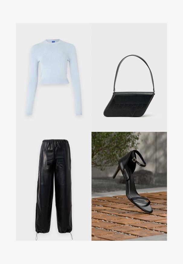 Pull court bleu clair avec des manches longues. Présente un col et un ourlet côtelés, avec un logo texturé subtil sur le devant.; Pantalons larges en simili cuir noir avec une taille élastique et des cordons de serrage réglables aux chevilles, comportant des détails de couture subtils.; Sandale noire à talon haut avec sangle à la cheville, suspendue au-dessus d'un sol en carreaux de bois à l'extérieur, avec un arrière-plan flou de verdure et de pierre.; Sac d'épaule en cuir noir de forme triangulaire, avec un logo embossé et une seule bandoulière réglable. Design minimaliste avec une texture lisse.
