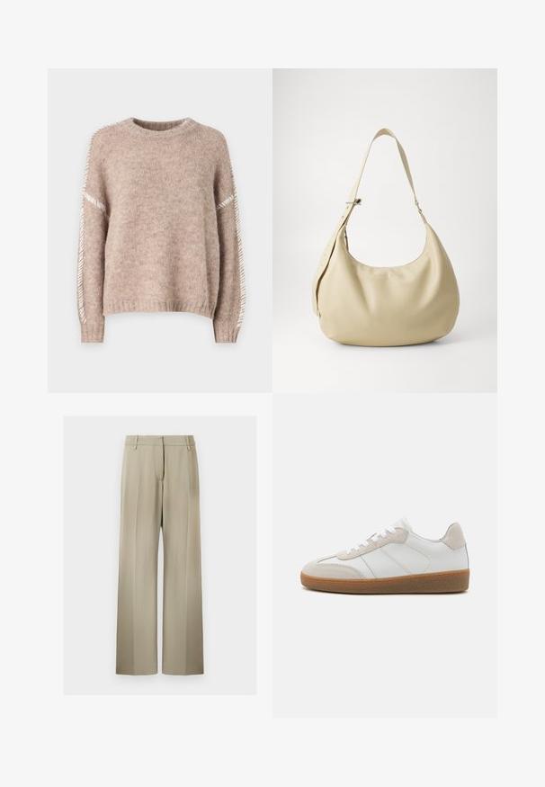 JDY Knitted JDYZOEY Knitted - Striktrøje - chateau gray; Bredde benbukser i blød beige stof, med en flad front, beltdusk og en glat tekstur. Standard talje med ingen synlige mønstre.; Hvide lædersneakers med beige ruskindsdetaljer, struktureret tunge og gummisål. Har hvide snørebånd og diskrete stikninger.; Beige læder skuldertaske med en buet form, justerbar rem og præget logo detalje, der har en glat tekstur og minimalistisk design.