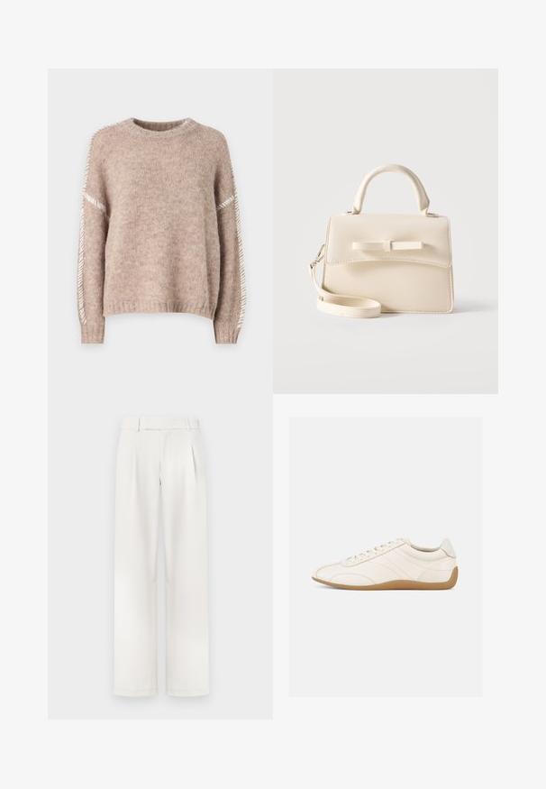 JDY JDYZOEY LIFE - Striktrøje - chateau gray; Cremefarvede brede bukser med flad front, læg og en glat stoftekstur. Designet med bæltesløjfer og skræddersyede kanter.; Hvid lædersneaker med en glat tekstur, rund tå og tonale syninger. Har en tanfarvet gummisål og snørebånds-lukning.; Lille beige håndtaske med top-håndtag, aftagelig rem, forreste klap og dekorativ vandret sløjfe på en ensfarvet baggrund.